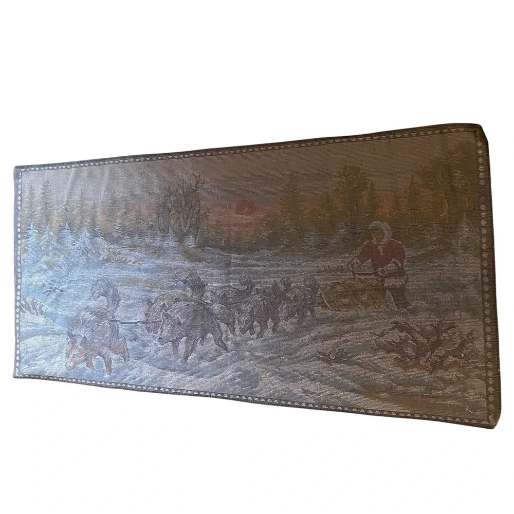 Vintage Velvet Tapestry Dog Sled Team Musher Winter Sunset Wall Hanging 38x19
